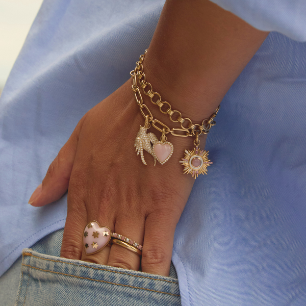 14K Gold Diamond Pink Opal & Pink Sapphire Mini Victoria Medallion
