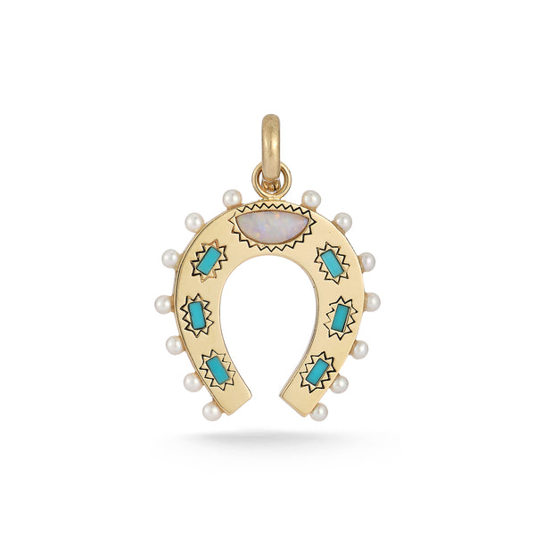 14K Gold Turquoise Opal & Pearl Holly Horseshoe Charm - storrow
