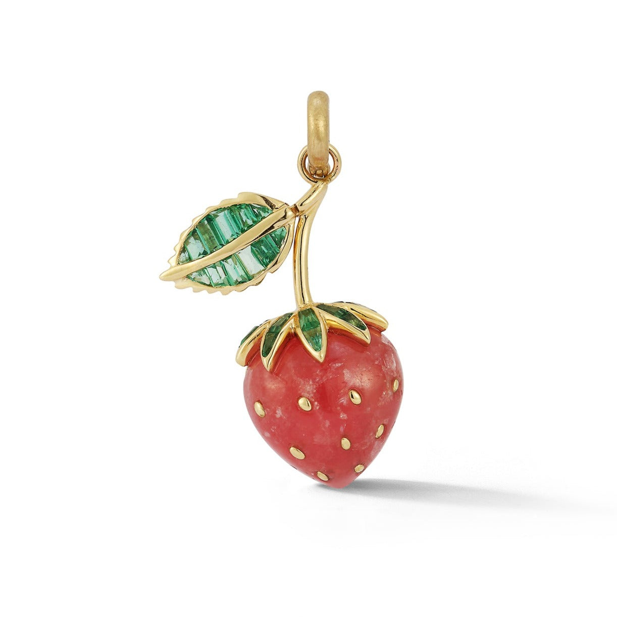 seeded strawberry fruit charm 14K Gold Emerald & Rhodochrosite Sweet Strawberry Charm