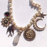 14K Gold Garnet & Pearl Crescent Moon Estelle Charm - storrow