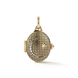 A structured oval heirloom-worthy locket drawn from the form of antique fob watches. Its niello-inspired enamel checkerboard references the historic Victorian Era technique, creating depth and graphic contrast across the surface. At the center, a sculptural crescent moon and star anchor the design,&nbsp;also stemming from the Victorian Era as a symbol of romantic love.

Thoughtful details continue throughout, including a hematite push mechanism that opens the locket. Inside, space is reserved for photos or 