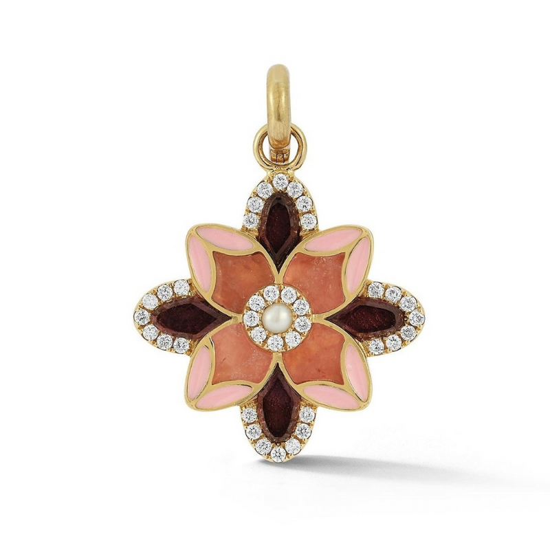 14k flower rhodochrosite rubellite diamond enamel pearl charm pendant necklace 
