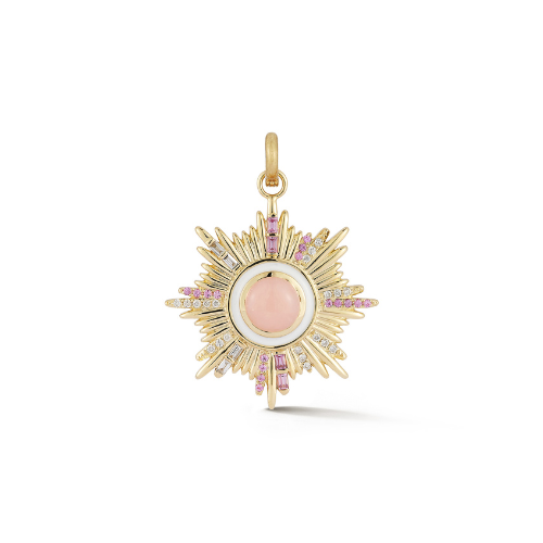 14K Gold Diamond Pink Opal & Pink Sapphire Mini Victoria Medallion