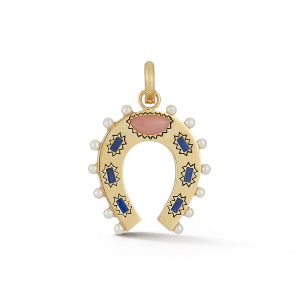 14K Gold Pink Opal Lapis & Pearl Holly Horseshoe Charm