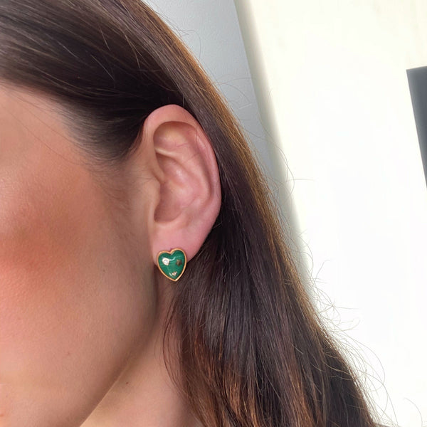 14K Gold & Malachite Anne Diamond Heart Stud Earrings