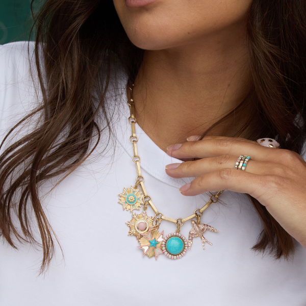 14K Gold Turquoise Pearl & Pink Enamel Libby Charm - storrow