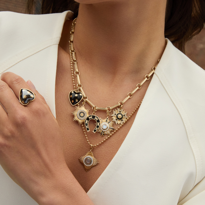 14K Gold Moonstone Diamond & Black Diamond Victoria Medallion