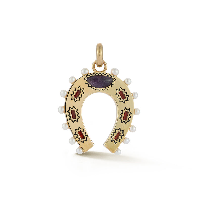 14K GEMSTONES GARNET AMETHYST HORSESHOE CHARM LUCKY GREAT GIFT 40