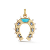 14K Gold Turquoise Blue Sapphire & Pearl Holly Horseshoe Charm