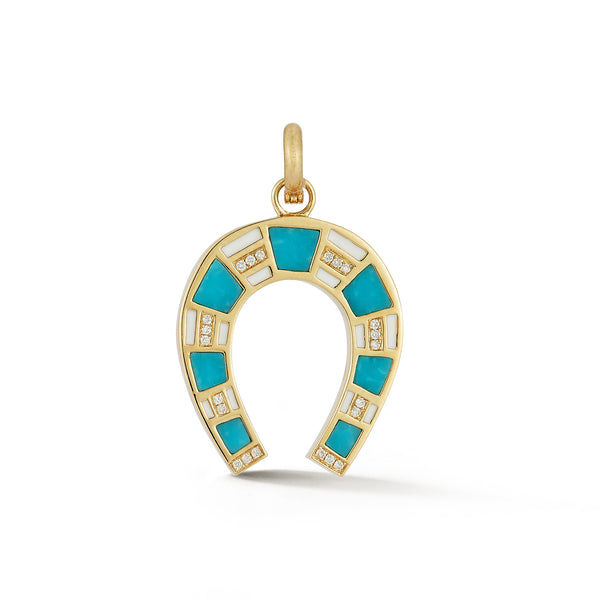 14K Gold Turquoise & White Enamel Hallie Horseshoe Charm