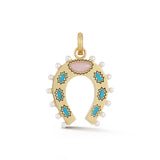 14K Gold Turquoise Pink Opal & Pearl Holly Horseshoe Charm