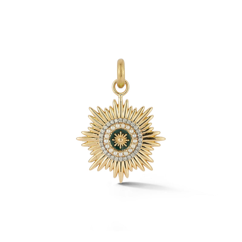 14K Gold Diamond Pearl & Green Enamel Mini Vale Medallion charm bracelet jewelry gift for her