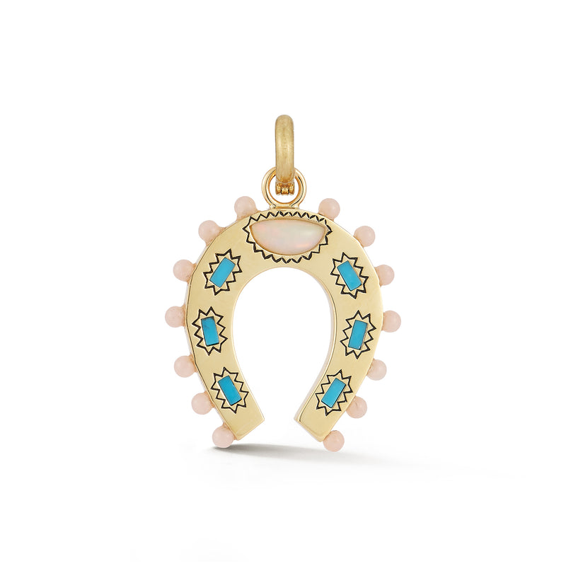 14K Gold Turquoise Opal & Pink Opal Holly Horseshoe Charm