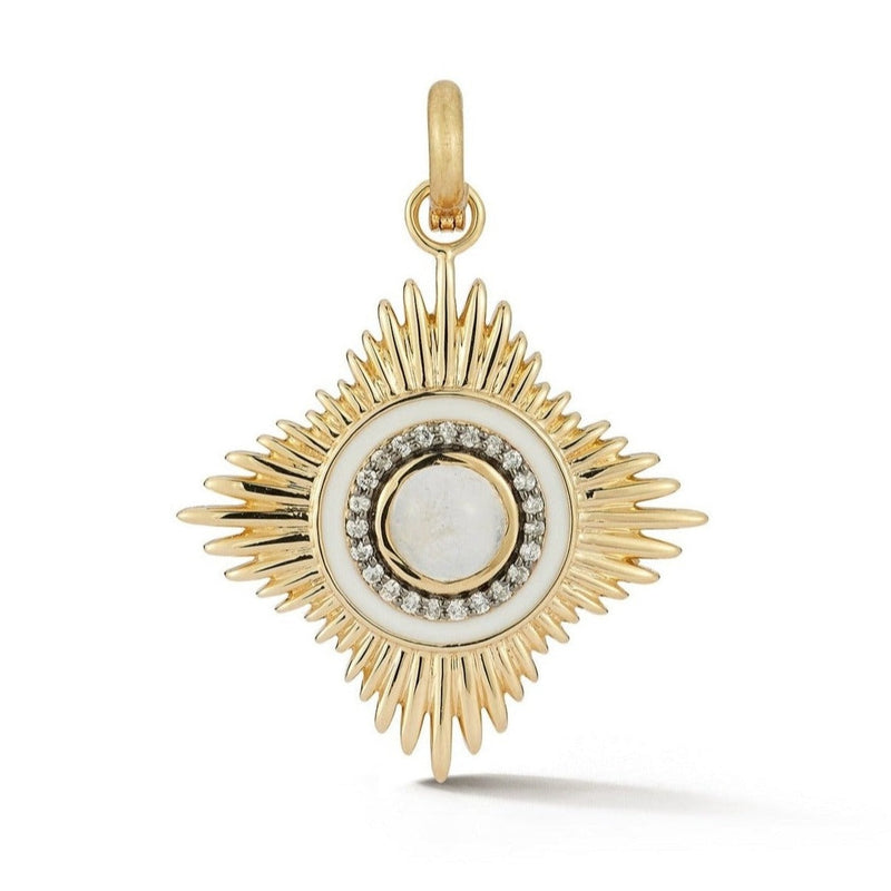 14K Gold Diamond Moonstone & White Enamel Vivienne Medallion