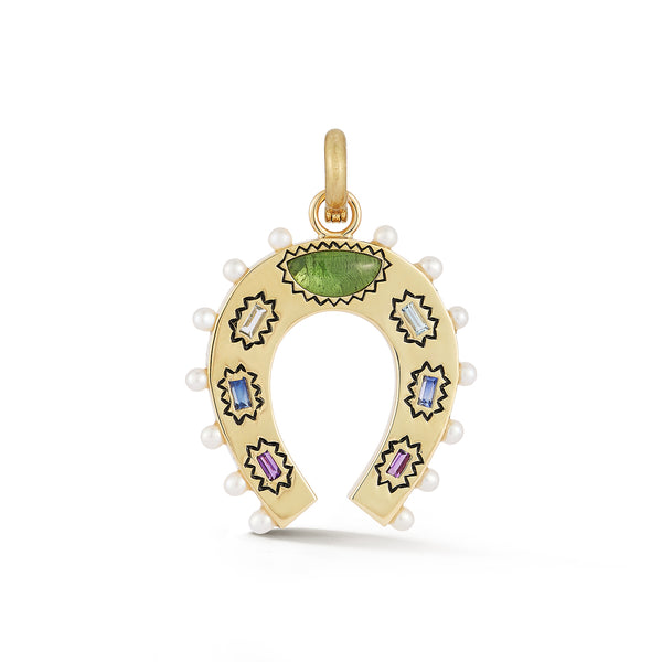 14K Gold Rainbow Gemstone & Pearl Holly Horseshoe Charm