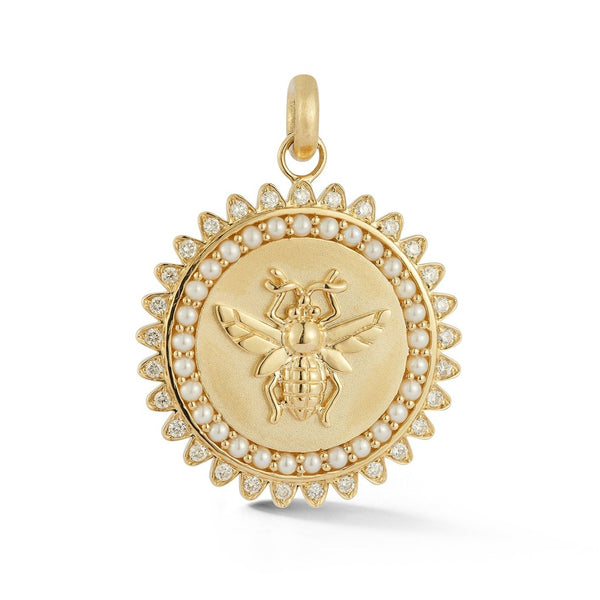 14K Gold Pearl & Diamond Minnie Bee Medallion