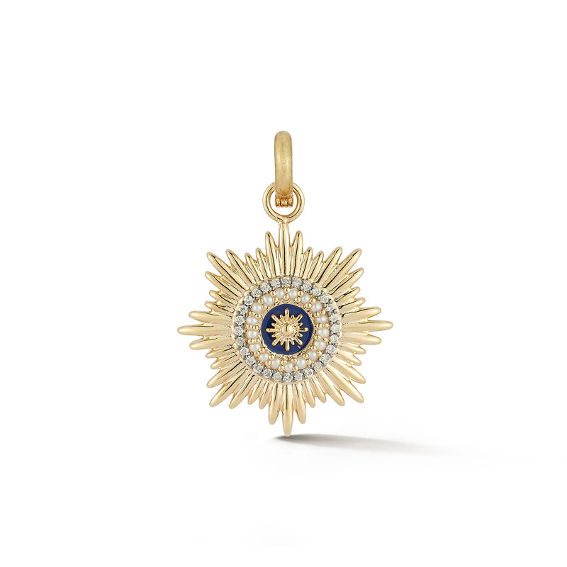 14K Gold Diamond Pearl & Blue Enamel Mini Vale Medallion