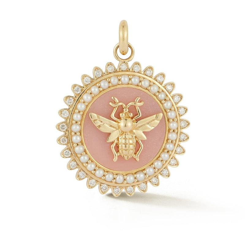 14K Gold Pink Opal Pearl Diamond Minnie Bee Medallion victorian inspired necklace jewelry gift for her white lotus jewelry 