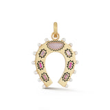 14K Gold Pink Rainbow Gemstone & Pearl Holly Horseshoe Charm