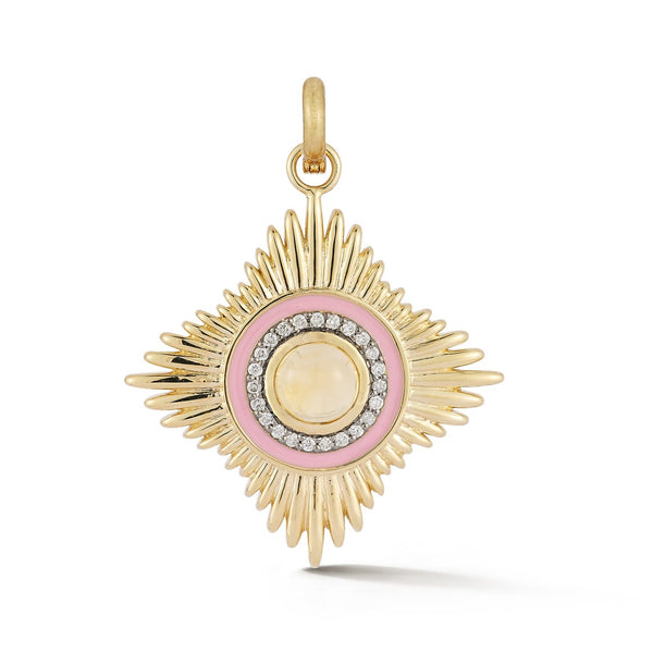 14K Gold Diamond Citrine & Pink Enamel Vivienne Medallion