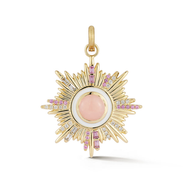 14K Gold Diamond Pink Opal & Pink Sapphire Victoria Medallion
