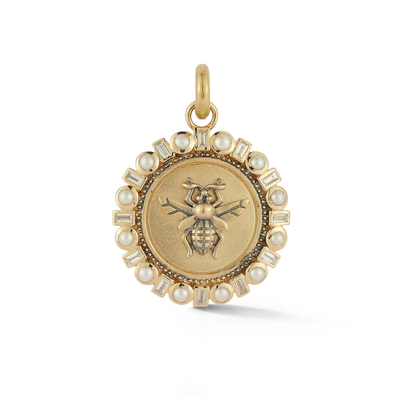14k gold bee charm medallion pearl diamond baguette necklace jewelry symbolism 