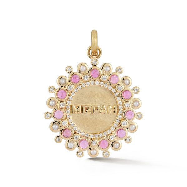 14K Gold Diamond Pink Tourmaline & Pearl Mizpah Medallion