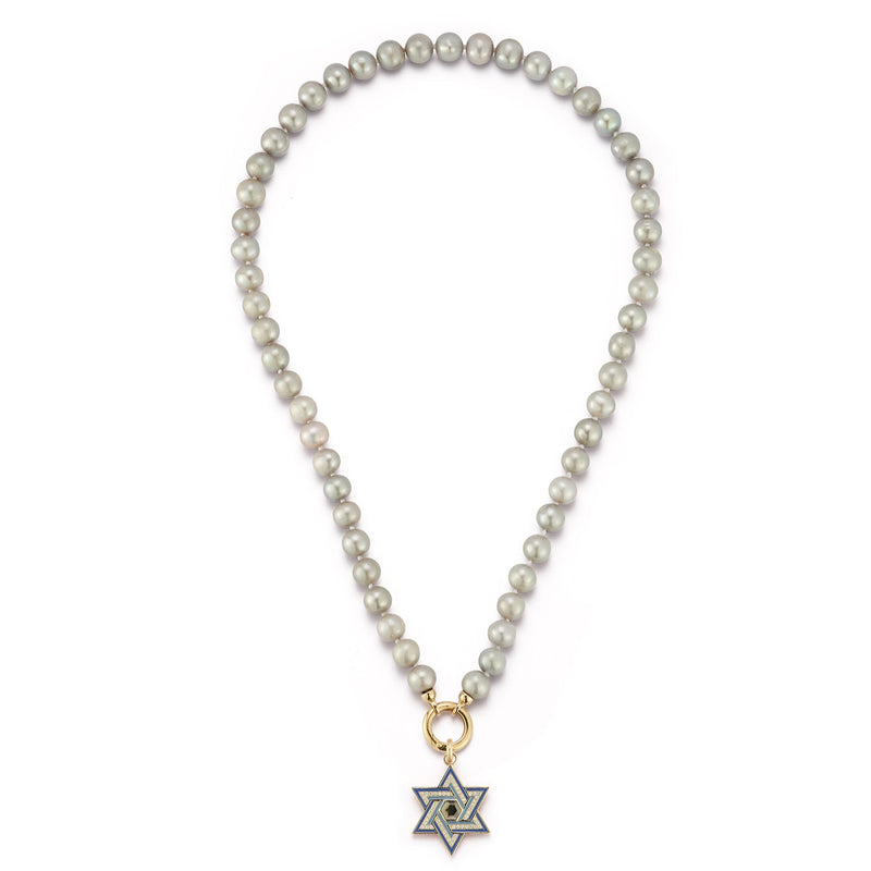 18" Grey 7mm Freshwater Pearl Ezra Necklace
14K Gold London Blue Topaz, Diamond & Enamel Star Of David Charm
All charms come with clip bails so they can be removed. 
