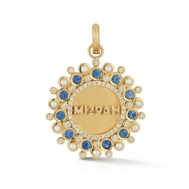 14K Gold Diamond Blue Sapphire & Pearl Mizpah Medallion