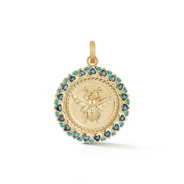 14K Gold London Blue Topaz Heart & Turquoise Matilda Bee Medallion