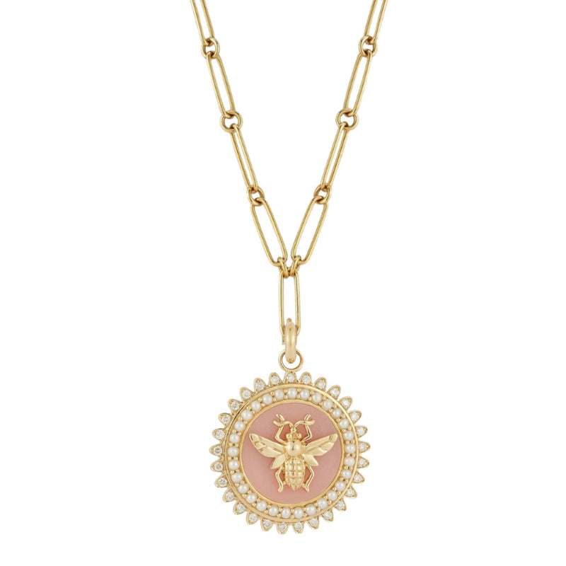 14K Gold Pink Opal Pearl Diamond Minnie Bee Medallion victorian inspired necklace jewelry gift for her white lotus jewelry 