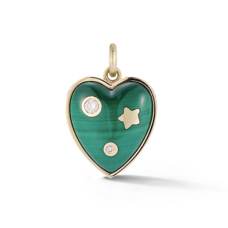 14K Gold & Malachite Anne Diamond Heart Charm