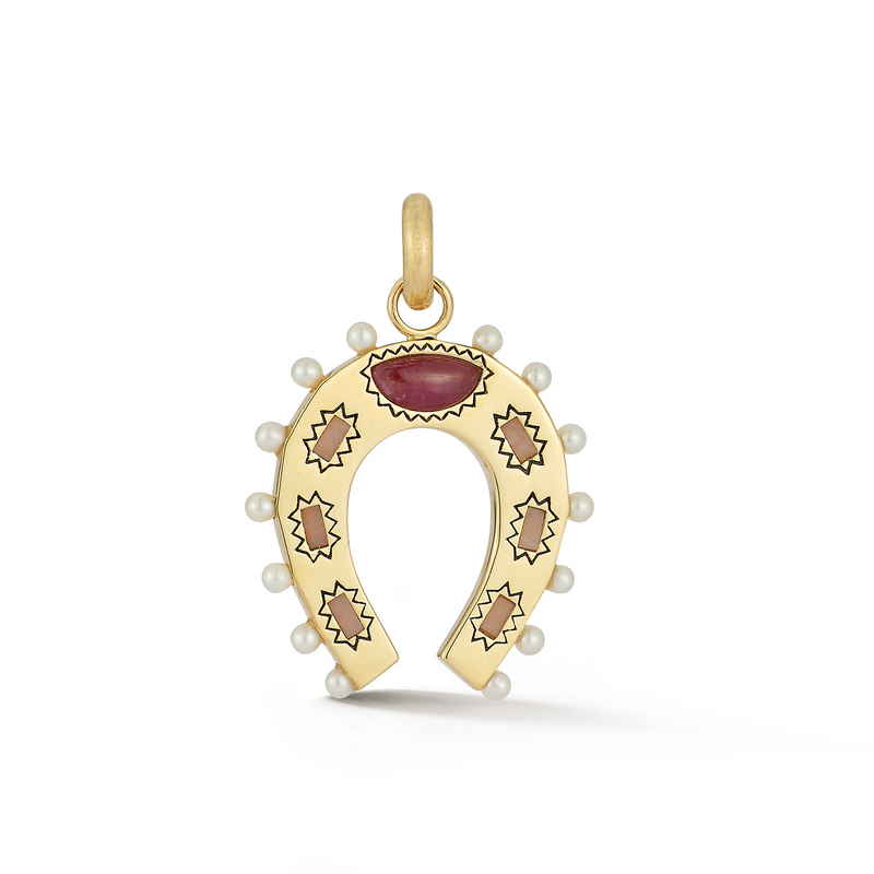 14K Gold Pink Opal Ruby & Pearl Holly Horseshoe Charm - storrow