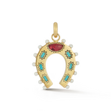 14K Gold Turquoise, Pink Tourmaline & Pearl Holly Horseshoe Charm