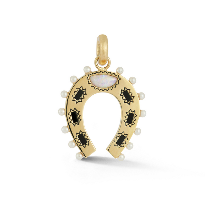 14K Gold Onyx Opal & Pearl Holly Horseshoe Charm