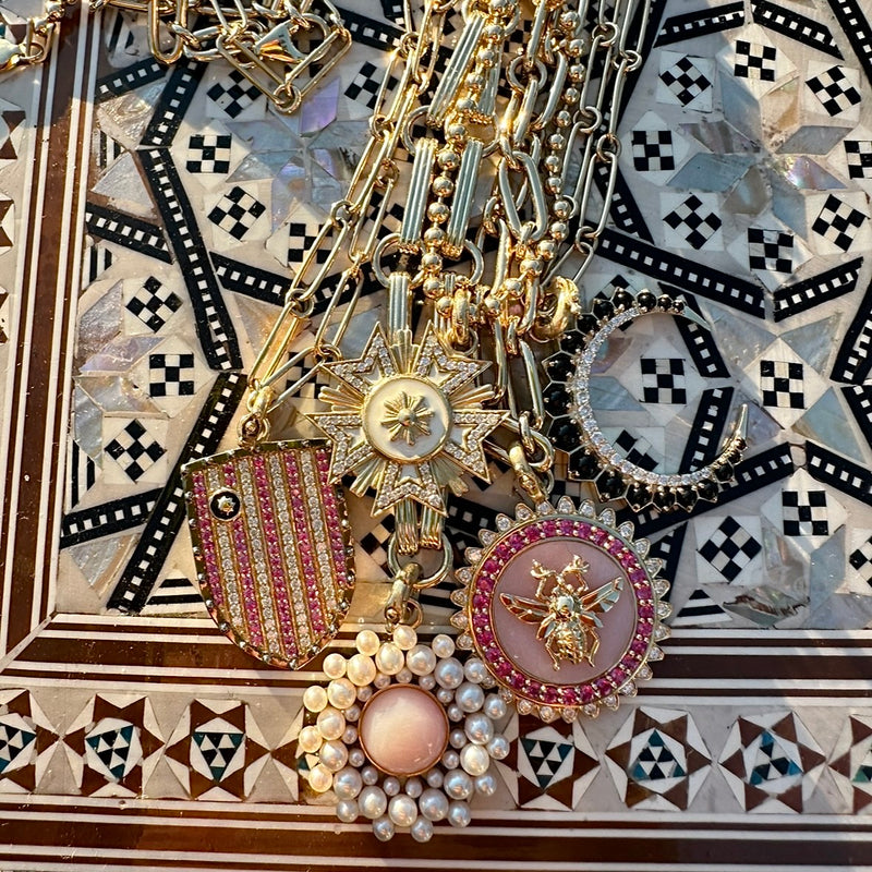 14K Gold Diamond Pink Sapphire & Enamel Walter Medallion