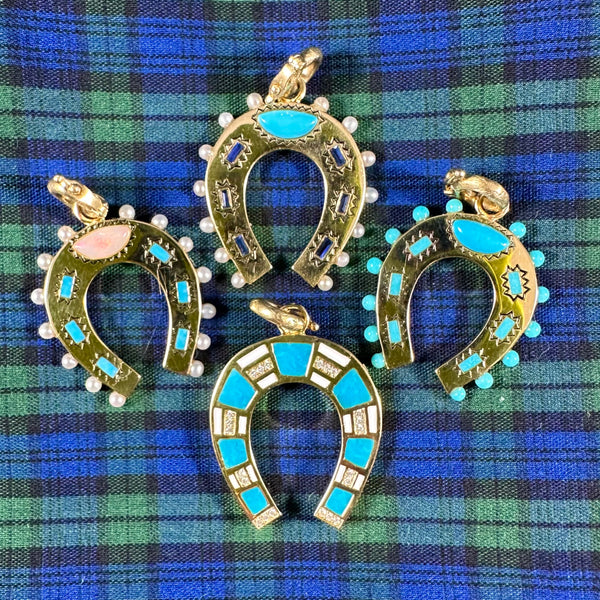 14K Gold Turquoise & White Enamel Hallie Horseshoe Charm