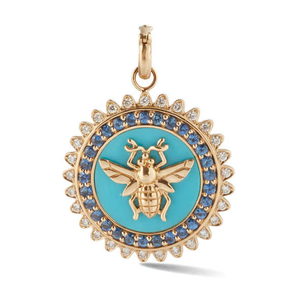 14K Gold Turquoise Blue Sapphire Diamond Minnie Bee Medallion - storrow