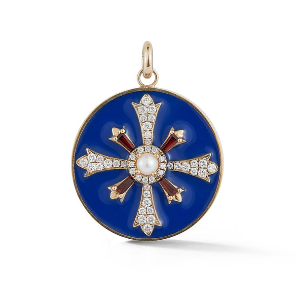 14K Gold Gemstone & Enamel Plus Motif Marguerite Medallion - storrow