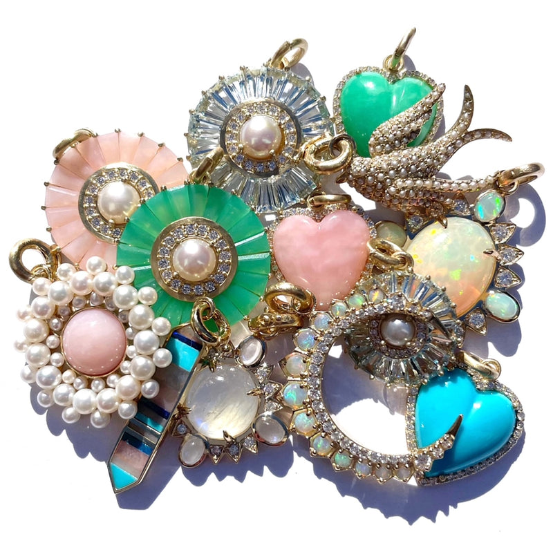 14K Gold Pink Opal Diamond & Pearl Emily Large Charm - storrow