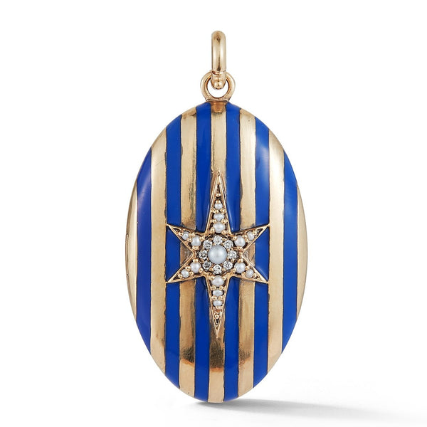 14K Yellow & White Gold Pearl & Diamond Lillian Locket victorian jewelry stella star celestial stripes custom necklace gifts for her storrow enamel