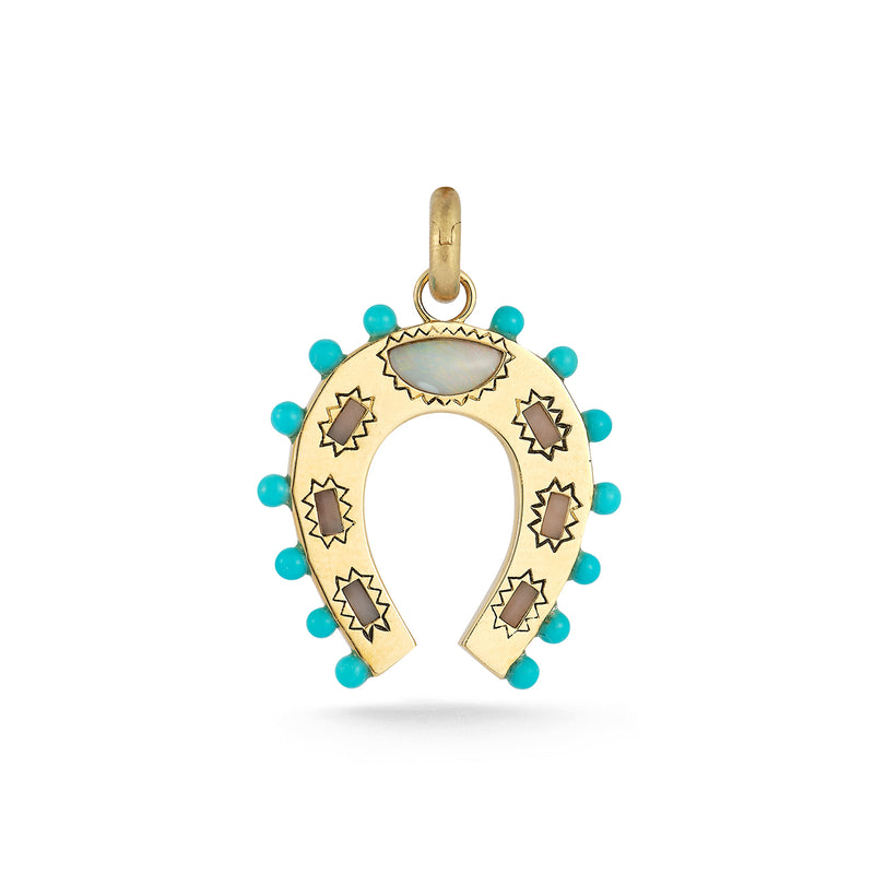 14K Gold Turquoise Opal & Pearl Holly Horseshoe Charm - storrow