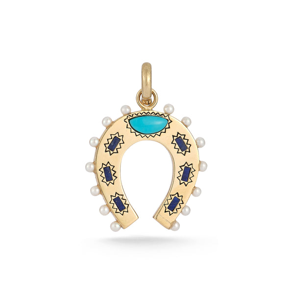 14K Gold Turquoise Lapis & Pearl Holly Horseshoe Charm