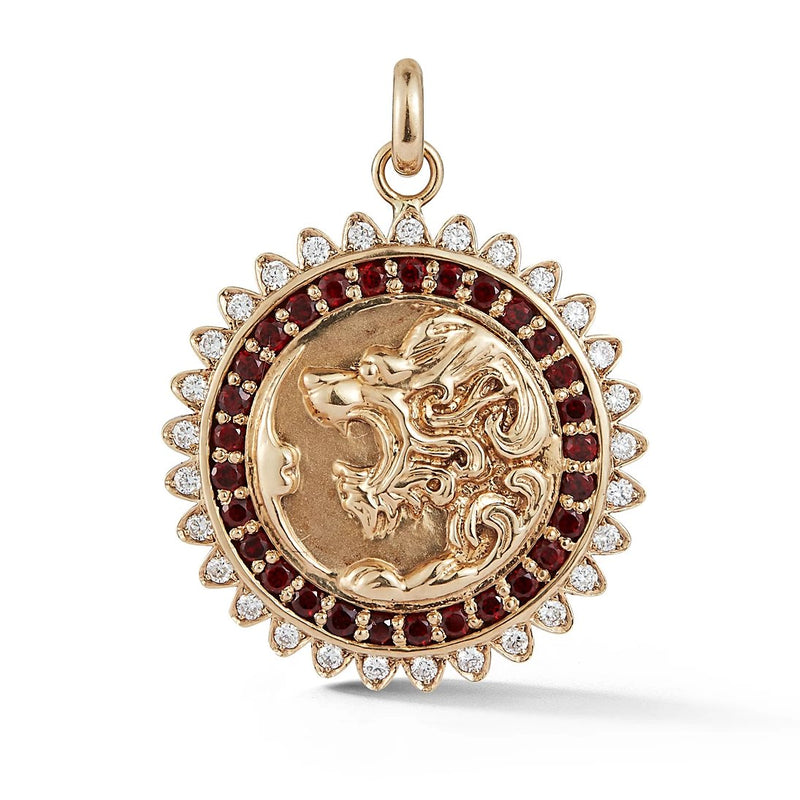 14K Gold Diamond & Garnet Victorian Lion Marion Medallion - storrow