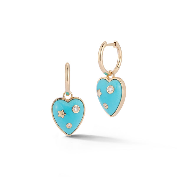 14K Gold & Turquoise Anne Diamond Heart Huggie Earrings