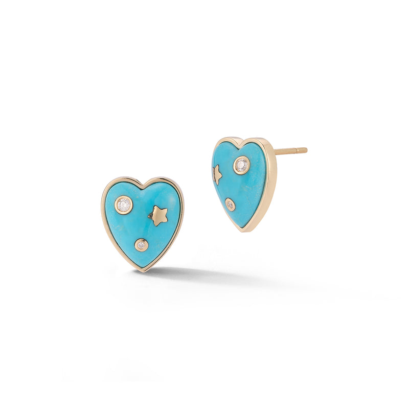 14K Gold & Turquoise Anne Diamond Heart Stud Earrings