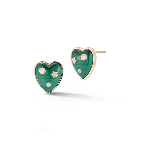 14K Gold & Malachite Anne Diamond Heart Stud Earrings