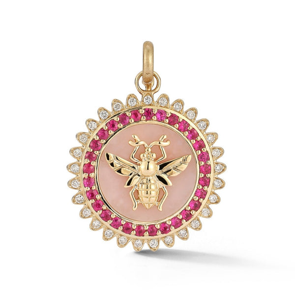 14K Gold Pink Opal Ruby Diamond Minnie Medallion - storrow