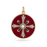 14K Gold Gemstone & Red Enamel Plus Motif Marguerite Medallion