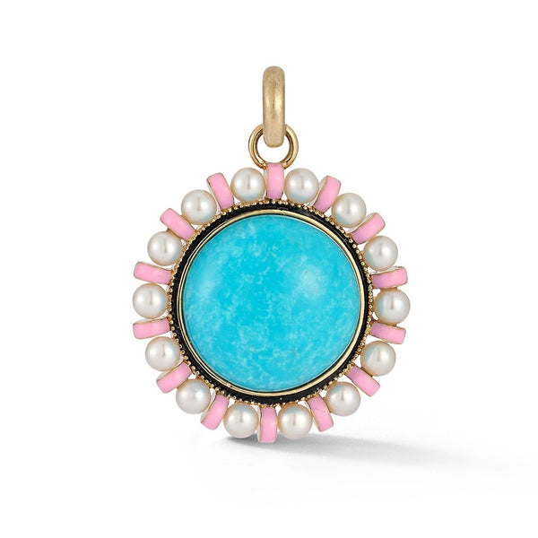 14K Gold Turquoise Pearl & Pink Enamel Libby Charm - storrow